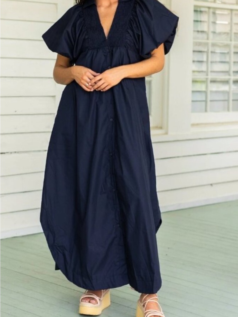 Flutter Sleeve V-Neck Maxi Dress in Navy - Women's